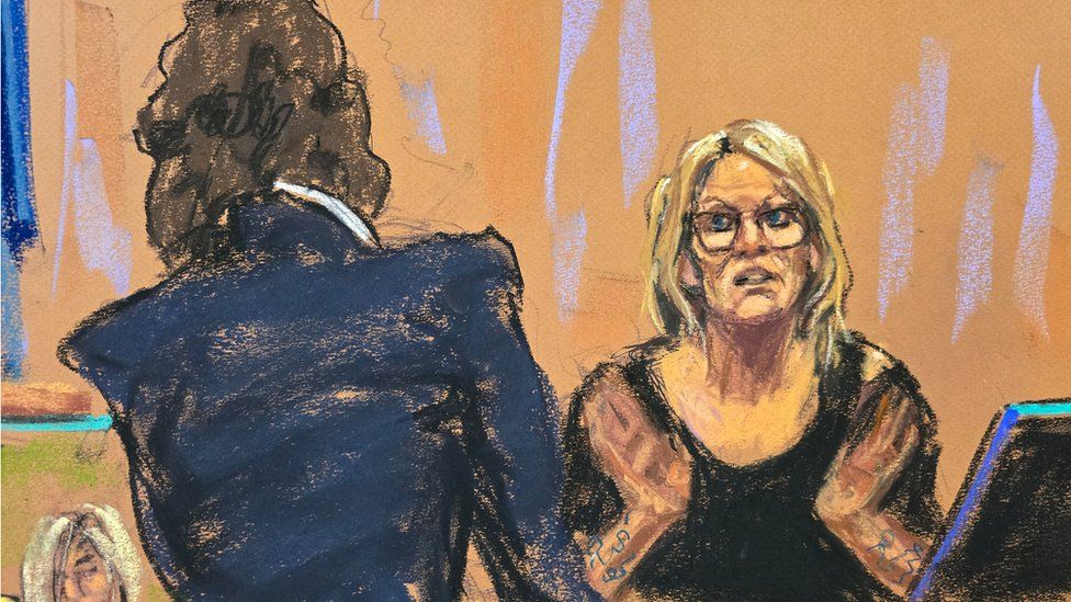 Courtroom sketch of Stormy Daniels taking the stand in Donald Trump's hush-money trial