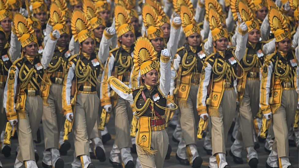 Cadets of Central Industrial Security Force (CISF) march past during India's 75th Republic Day parade in New Delhi on January 26