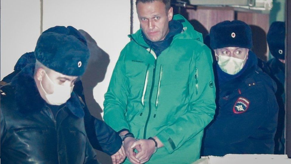 Alexei Navalny (centre) is escorted by police in Khimki, outside Moscow, Russia. Photo: 18 January 2021
