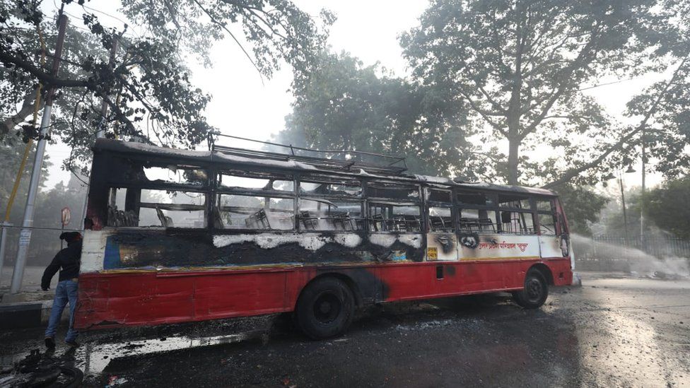 A burnt bus in Lucknow