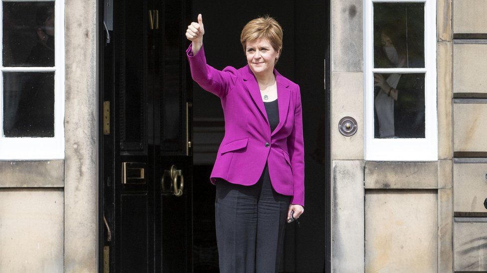 Scottish First Minister and SNP leader Nicola Sturgeon on the steps outside Bute House in Edinburgh