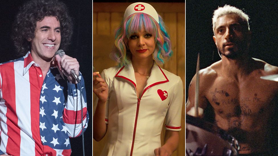 Left-right: Sacha Baron Cohen in The Trial of the Chicago 7, Carey Mulligan in Promising Young Woman and Riz Ahmed in Sound of Metal