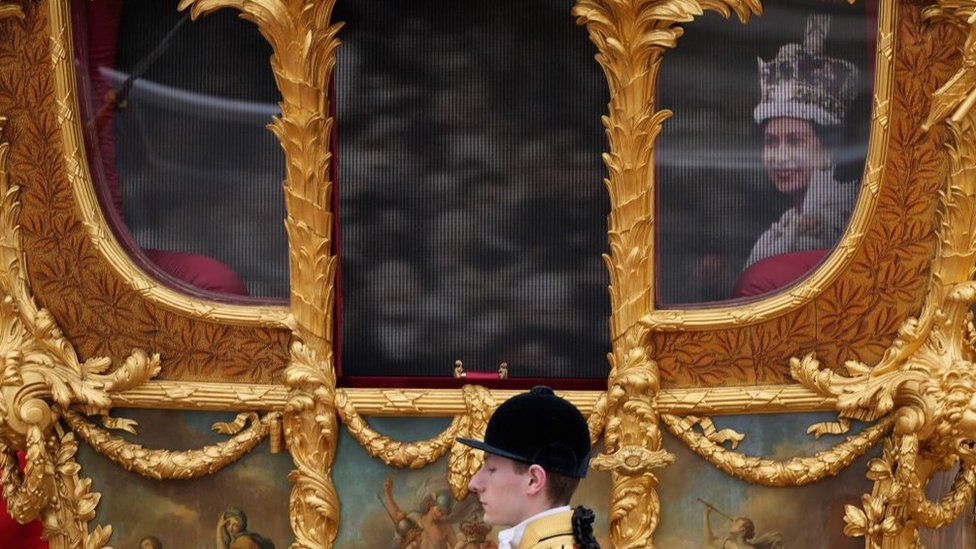 The Queen appeared as a hologram inside the Gold State Coach