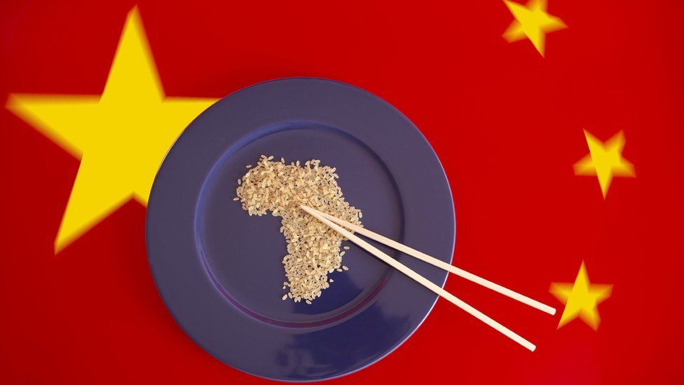 A plate with rice in the shape of Africa with the Chinese flag in the background