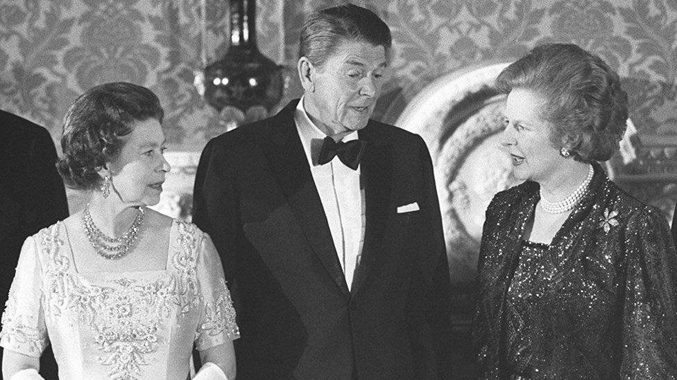 The Queen, US President Ronald Reagan and Margaret Thatcher at Buckingham Palace in 1984