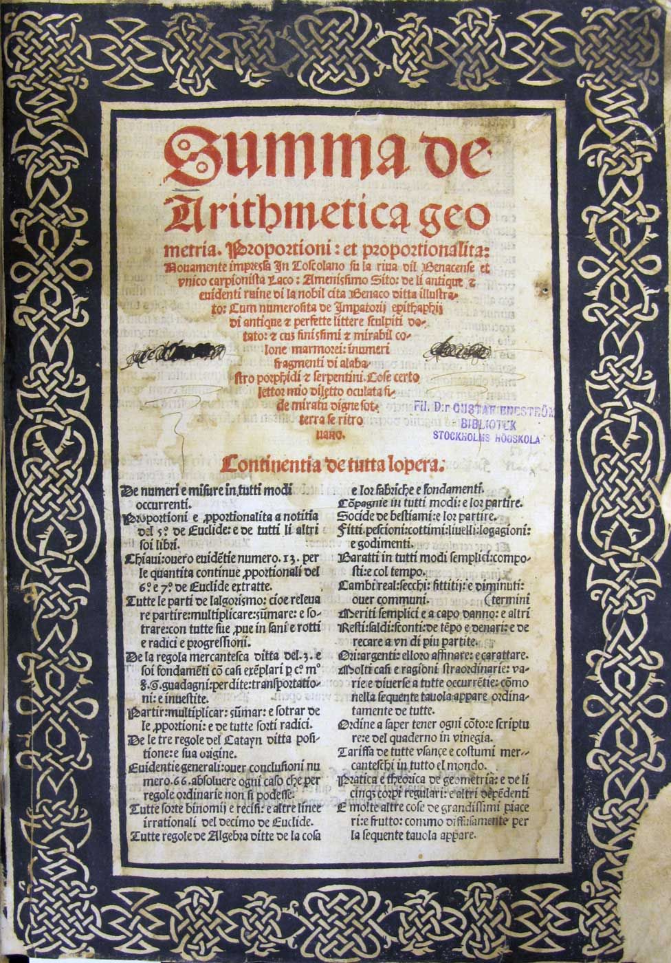 The title page of Luca Pacioli's Summa de Arithmetica, Geometria, Proportioni et Proportionalita