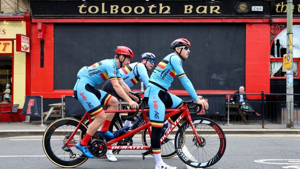 Members of the Belgian road cycling team go for a ride in the city centre of Glasgow