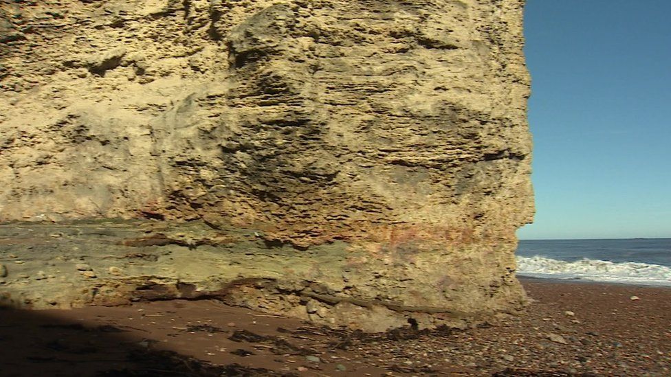 Erosion from Storm Babet seen from a red line on the cliffs at Blast Beach, Seaham