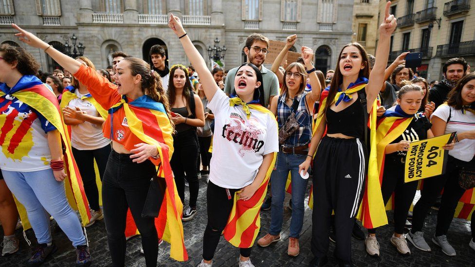 Demonstrators in Barcelona take part in a general strike and a fifth day of protests after the Spanish Supreme Court jailed nine Catalan separatist leaders