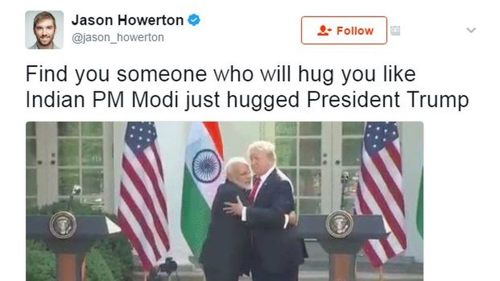 Find you someone who will hug you like Indian PM Modi just hugged President Trump