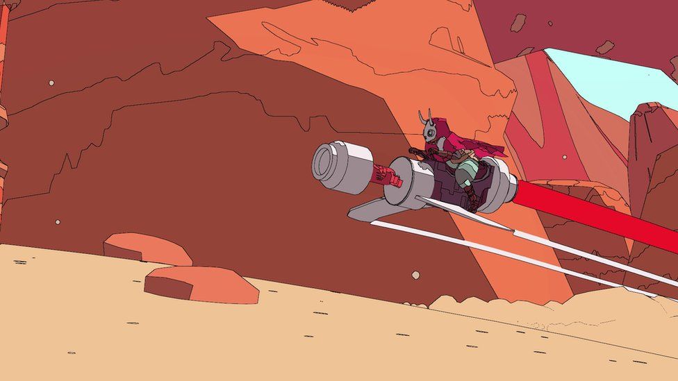 Sable rides a hover bike through a hand-drawn desert