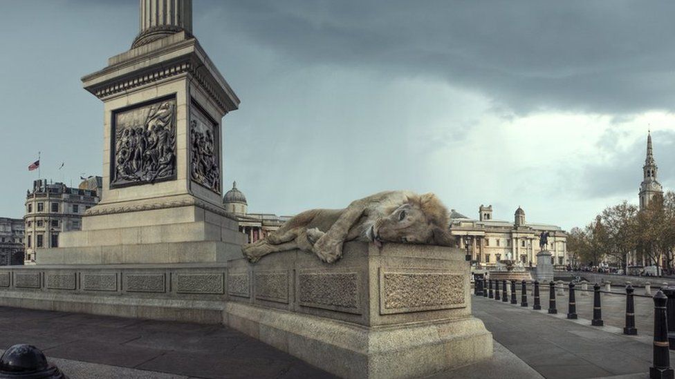 An abstract image of a lion laying dead on a plinth in London's Trafalgar Square
