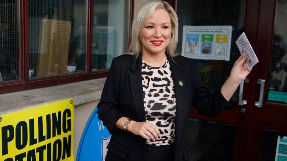 Michelle O'Neill arrives to cast her vote at the Clonoe polling station on Thursday
