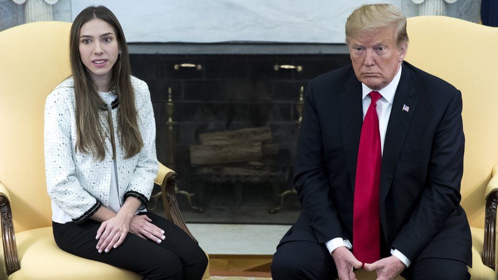 US President Donald Trump meets Fabiana Rosales, wife of Venezuelan opposition leader Juan Guaido, in the Oval Office of the White House in Washington DC, 27 March 2019