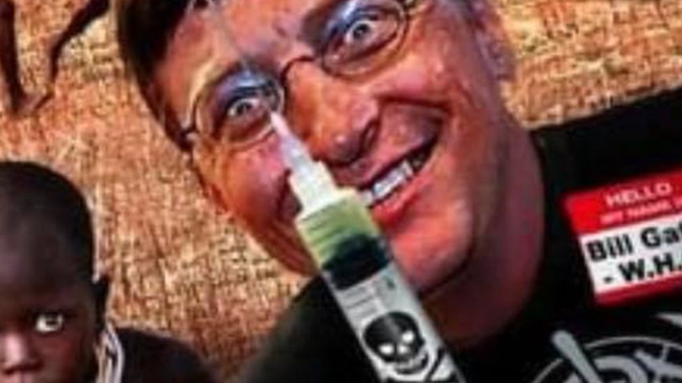 Bill Gates holds a vaccine with a skull and cross bones in front of a group of children. Richard and Dave used this image to lure in people who believe in conspiracy theories