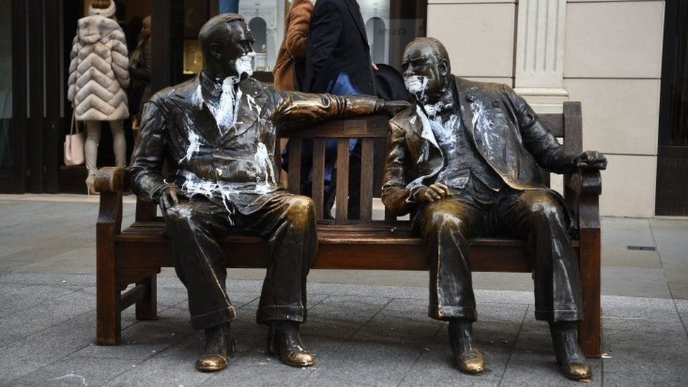 The figures of Franklin D Roosevelt and Winston Churchill on the Allies sculpture in New Bond Street,
