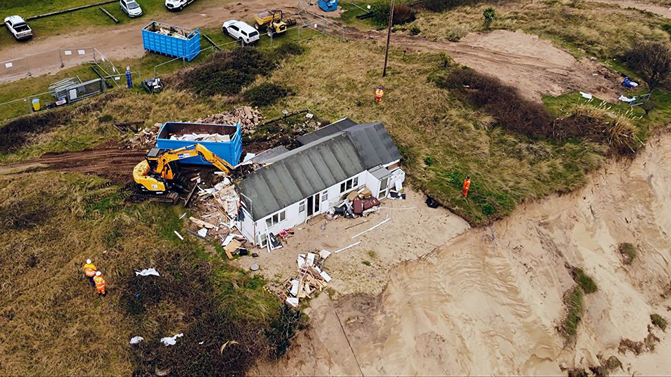 Aerial few of the final property on The Marrams, the north side of Hemsby Gap, being demolished