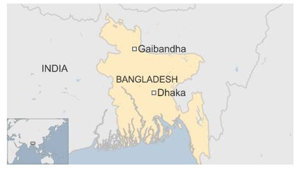 Map of Bangladesh, showing Gaibandha and Dhaka