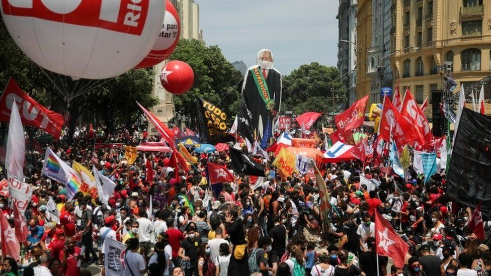 Demonstrators protest against far-right President Jair Bolsonaro's administration in Rio de Janeiro