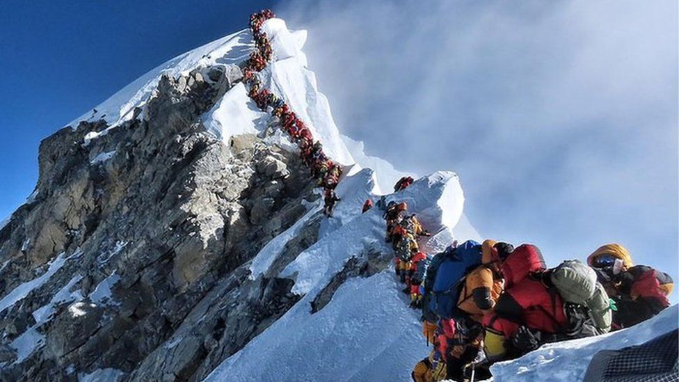 A long queue of climbers leading to the Everest peak