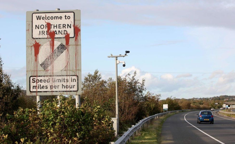 A sign on the Irish border that reads: Welcome to Northern Ireland
