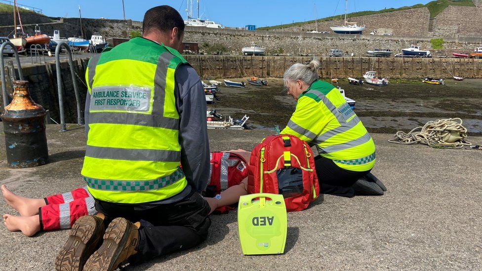 Two people training in first aid in Alderney