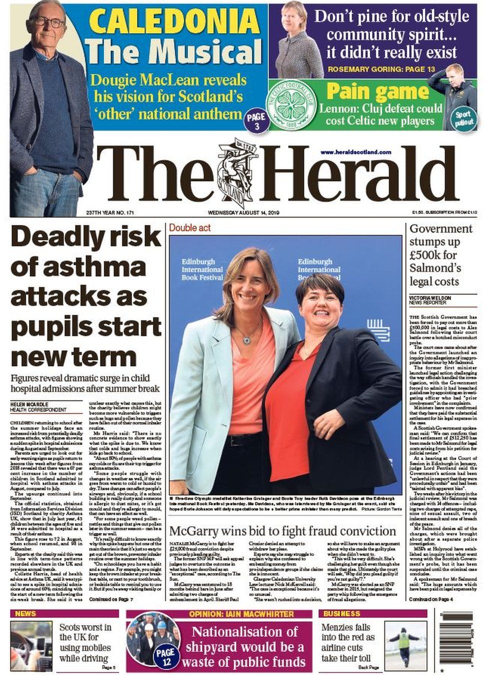 Scotland's papers: Taxpayers' Salmond bill and school asthma threat ...