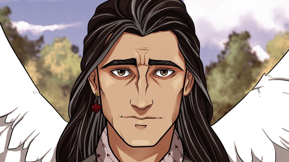 A cartoon drawing of a handsome man with long, dark hair staring into the camera with intense, brown eyes. His expression is flat, as if sad or unimpressed by what he sees before him. At either side of him we can see the feathered edges of white, angelic wings.