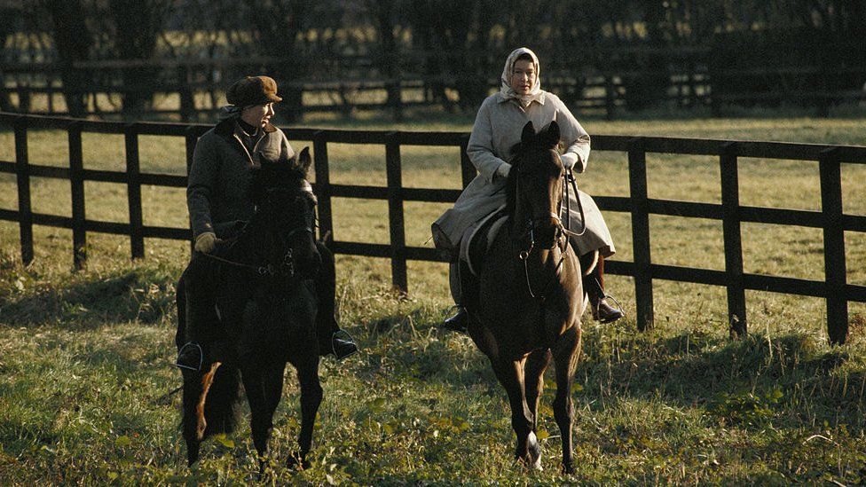 Princess Anne and Queen Elizabeth II horse riding on the Sandringham estate in Sandringham, Norfolk, England, Great Britain, circa 1979