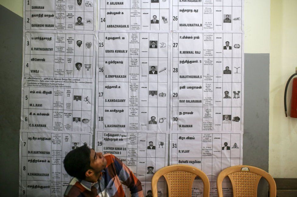 Candidate's information displayed at a polling station during the first phase of voting for national elections in Chennai, Tamil Nadu, India, on Friday, April 19, 2024. Almost 1 billion Indians begin voting today in elections lasting more than six weeks, weighing up whether to hand Prime Minister Narendra Modi a third five-year term to continue his mix of economic and Hindu nationalist policies.