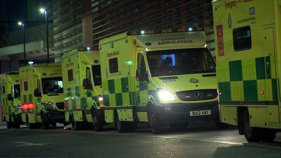 Ambulances queuing outside The Royal London Hospital