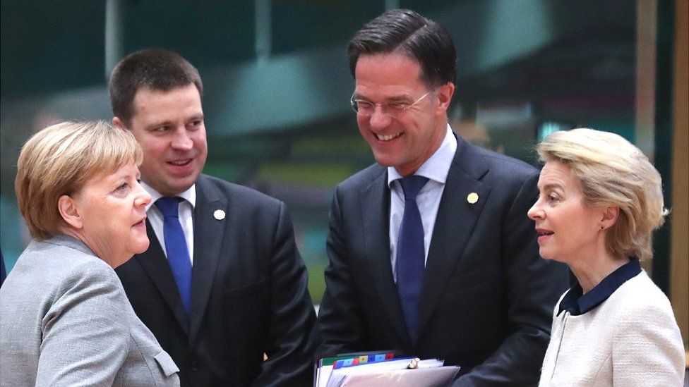 Leaders L-R: Germany's Chancellor Angela Merkel, Estonia's PM Juri Ratas, Netherlands PM Mark Rutte and European Commission President Ursula von der Leyen