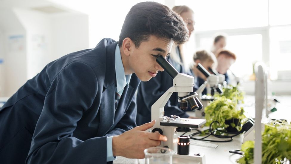 A student looking down a microscope