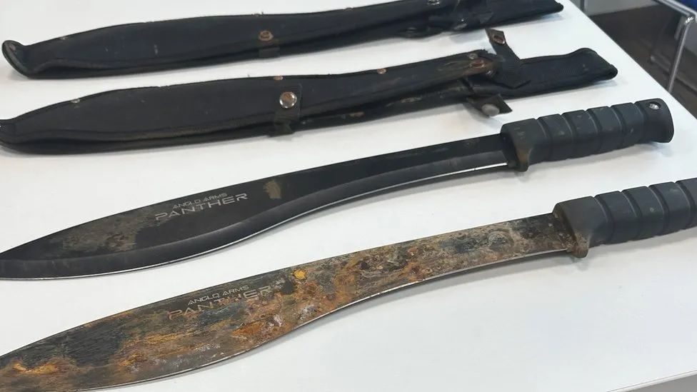 Two machetes with their sleeves.