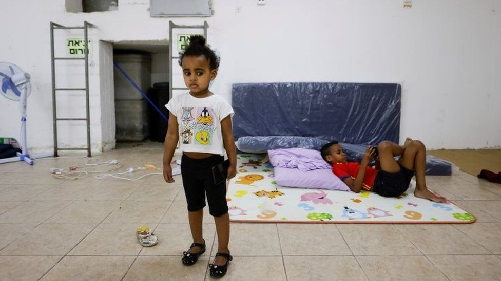 Children are seen inside a bomb shelter in Ashkelon, southern Israel