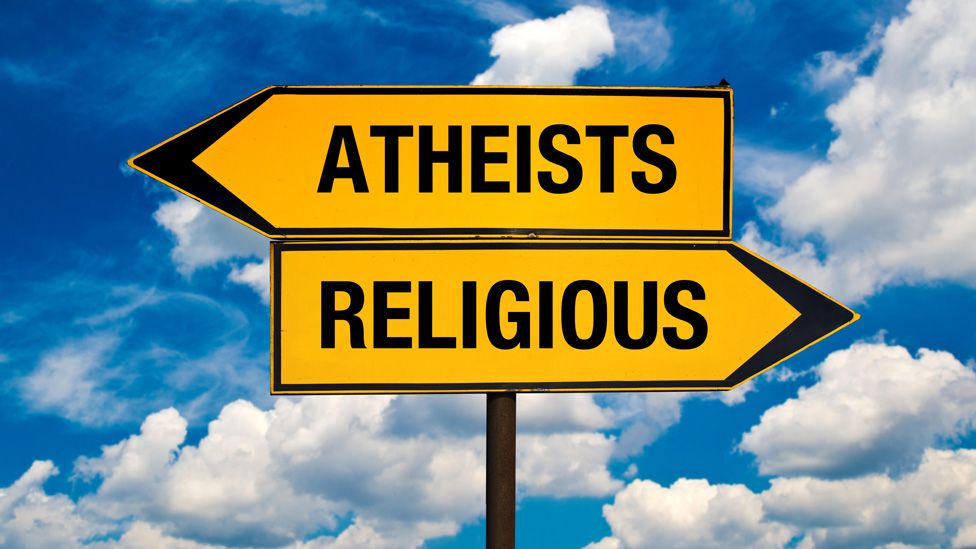 Signposts pointing to "Atheists" on one hand, and "religious" on the other