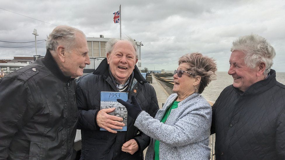 Graham Stevens, Ray Howard, Joan Liddiard née Bishop and Rod Bishop on Canvey Island