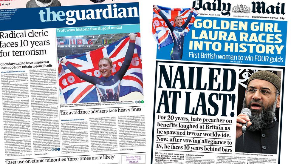 Guardian and Daily Mail front pages for 17/08/16