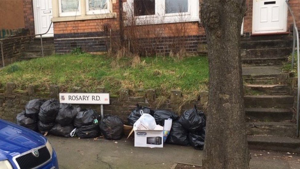 Rubbish piled in Erdington, Birmingham in February