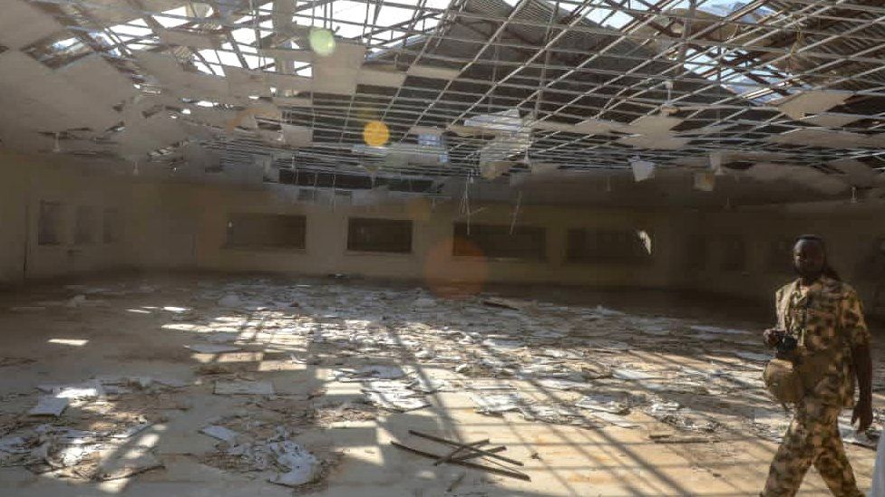 The interior of a school building with the roof blown off