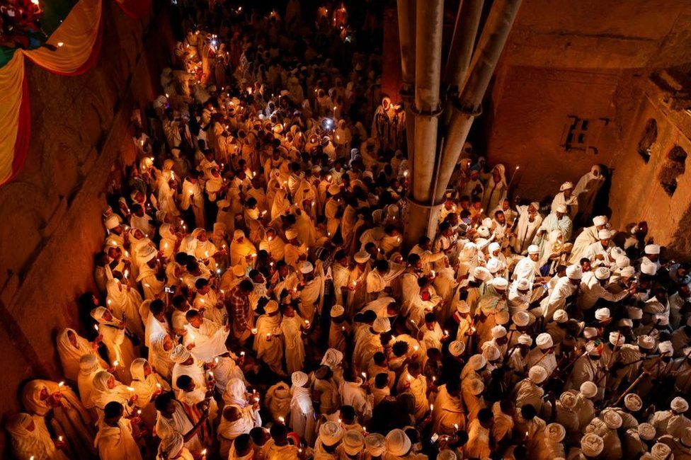 Ethiopian Orthodox priests attend Ethiopia's Christmas celebration at the St. Mary Rock-Hewn church in Lalibela, Ethiopia - Saturday 7 January 2023