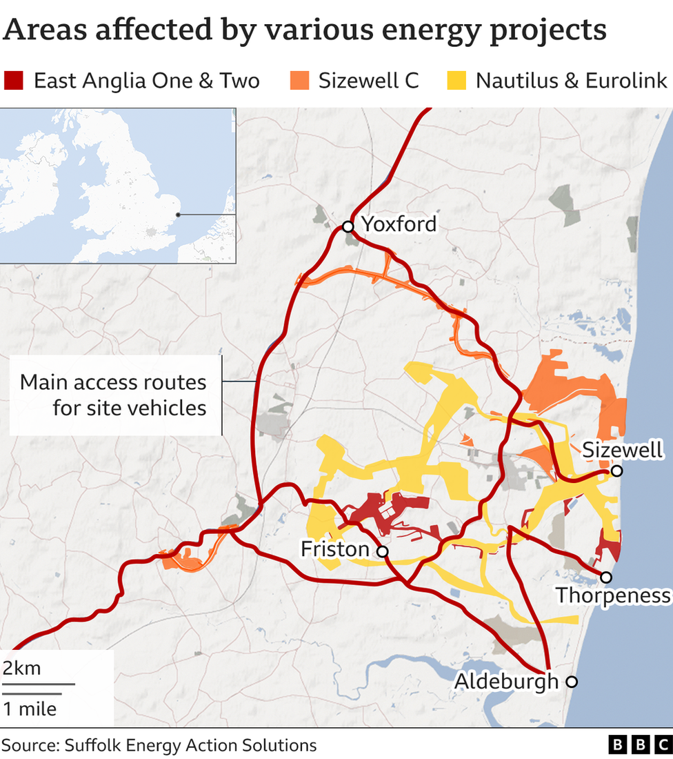 Un gráfico que muestra las zonas afectadas por varios proyectos energéticos en Suffolk
