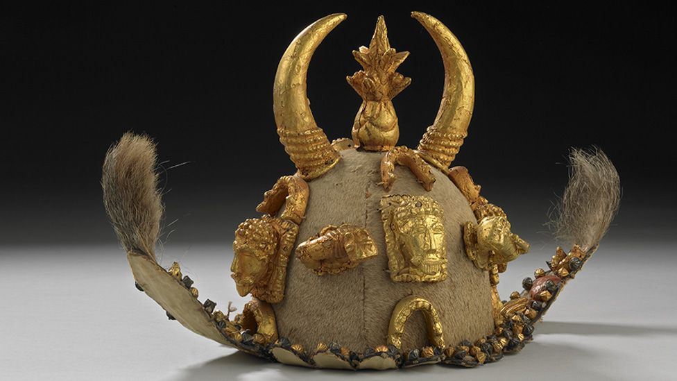 A ceremonial cap, known as a denkyemke, taken by British forces from the Ashanti kingdom in the 19th century