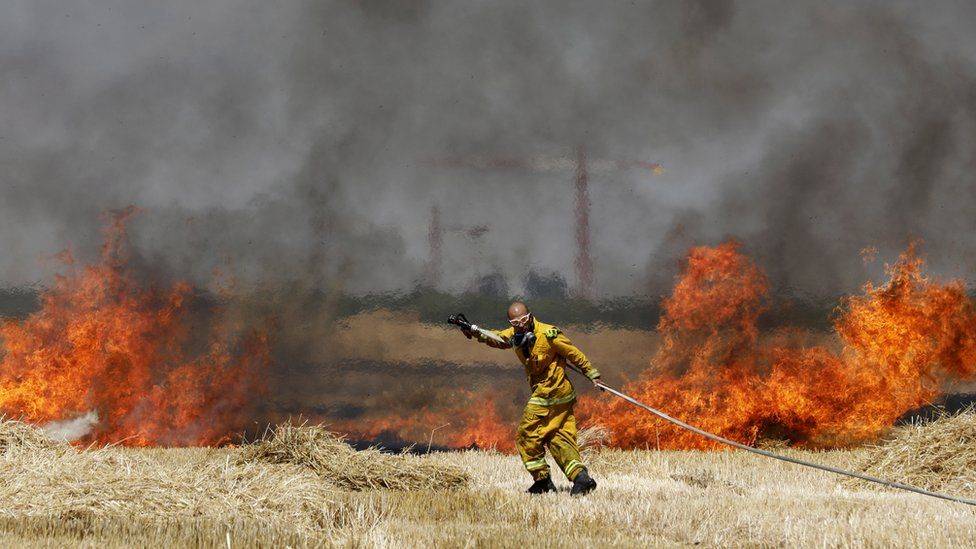 Israeli firefighters try to extinguish the fire in a wheat field caused by an incendiary kite in southern Israel (30 May 2018)