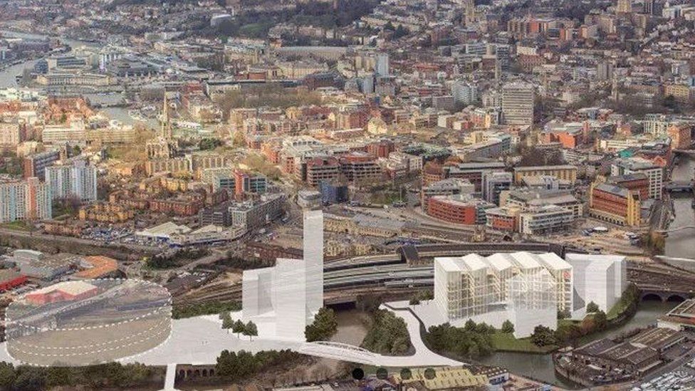Bristol Arena, left, and a university campus are planned for the area next to Temple Circus
