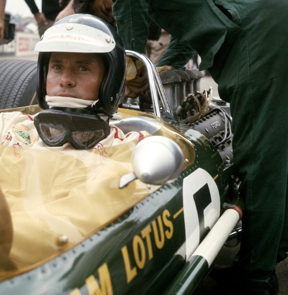 Jim Clark , who sits aboard the Team Lotus Lotus 49 Ford Cosworth DFV 3.0 V8 before the start of the British Grand Prix on 15th July 1967 at the Silverstone circuit