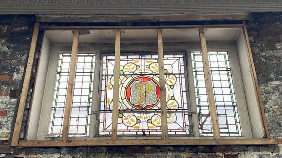 A stained glass window in the old Palmers building