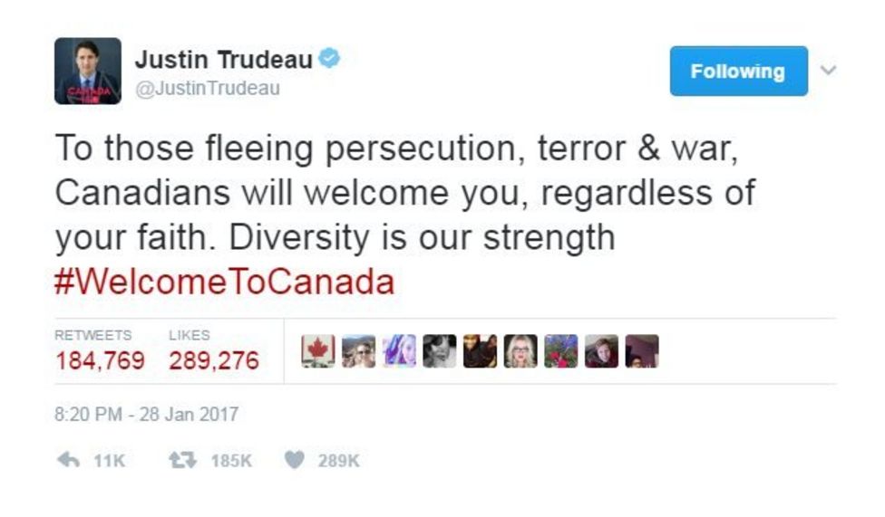 Us Refugee Ban Canadas Justin Trudeau Takes A Stand Bbc News