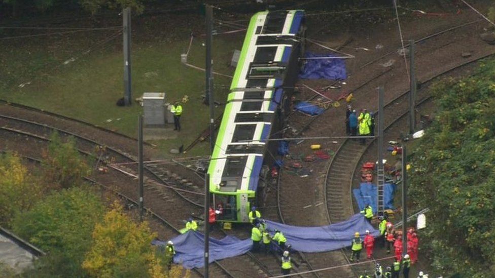 Overturned tram in Croydon