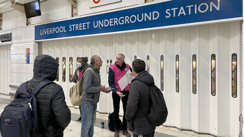 Commuters at Liverpool Street underground station in London during a strike by members of the Rail, Maritime and Transport union